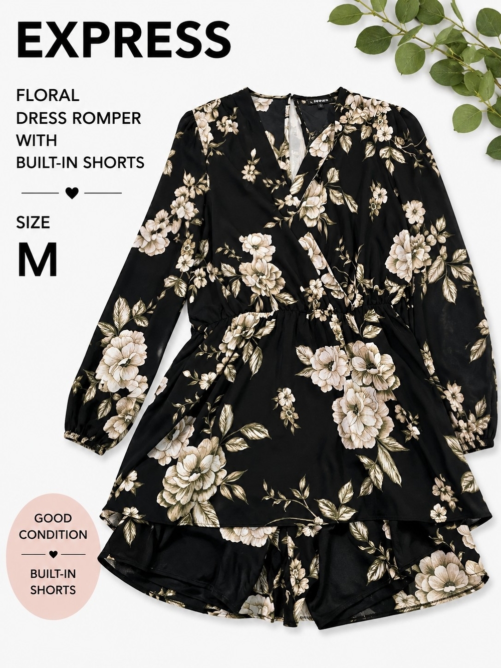 Express Black Floral Long-Sleeve Dress Romper